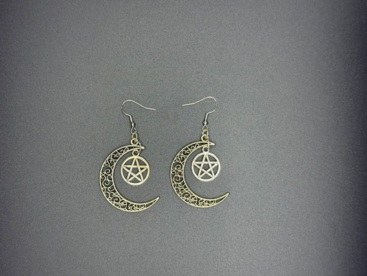 Boucles d’oreille lune et pentagramme